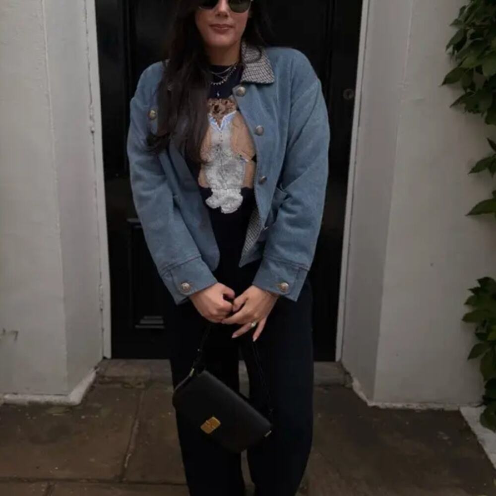Sandro Denim Jacket SIZE 8 Oversized Barn Chore Coat Jean Tweed Designer $725 - Picture 6 of 12
